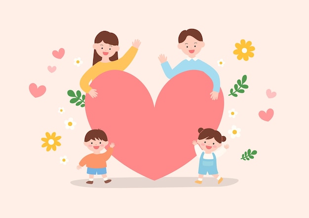 Illustration of a family with a pink heart