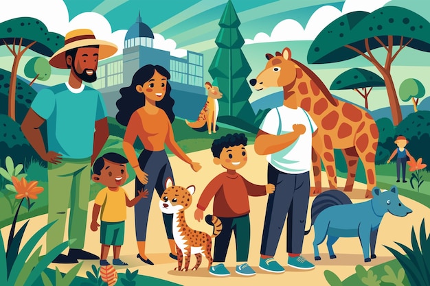 Illustration of a family with two adults and two children standing in a zoo setting surrounded by a giraffe a kangaroo a cheetah and a warthog