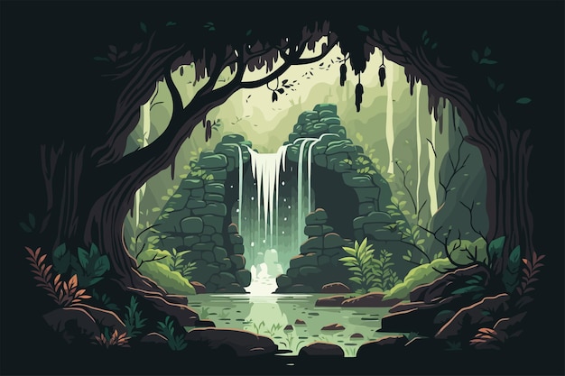 Illustrazione di una foresta di fantasia con una cascata nel mezzo