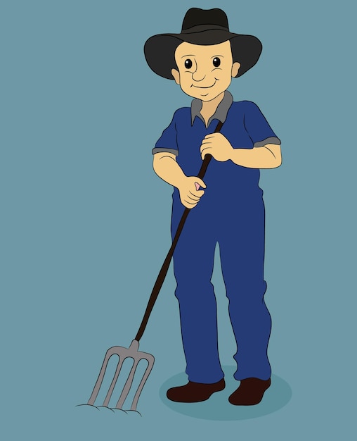 Illustration of farmer holding a garden rake