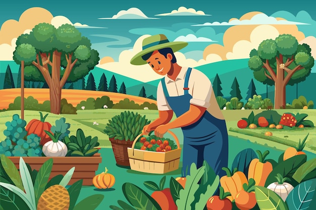 Vector illustration of a farmer in a straw hat and overalls picking tomatoes in a lush farm setting with a red barn various vegetables and mountains in the background