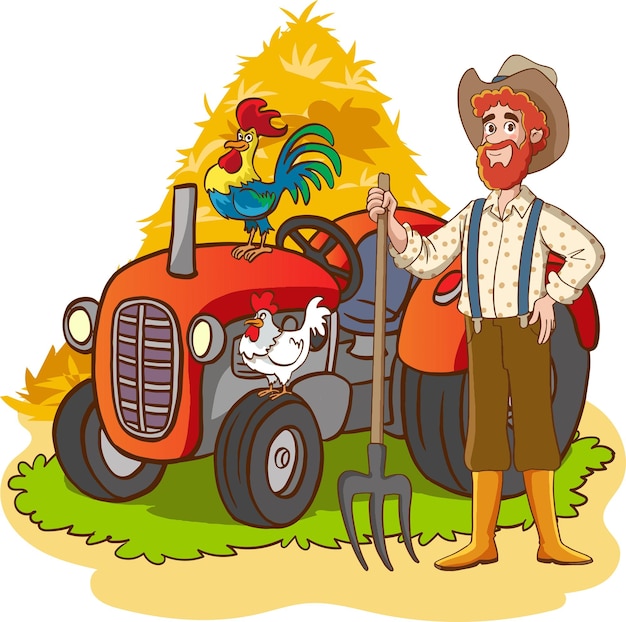Illustrazione di un contadino con un pollo e un trattore