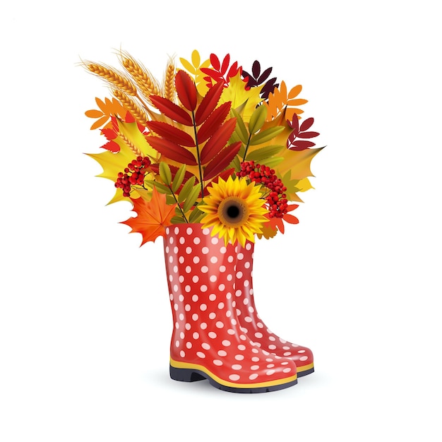 Vector illustration of fashion red dotted rubber boots, bouquet of autumn leaves.