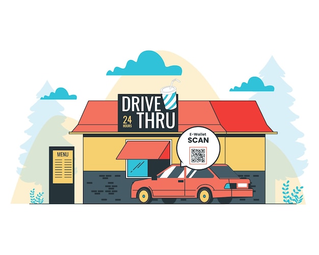 Illustration of a fast food restaurant drive through with for contactless payment concept