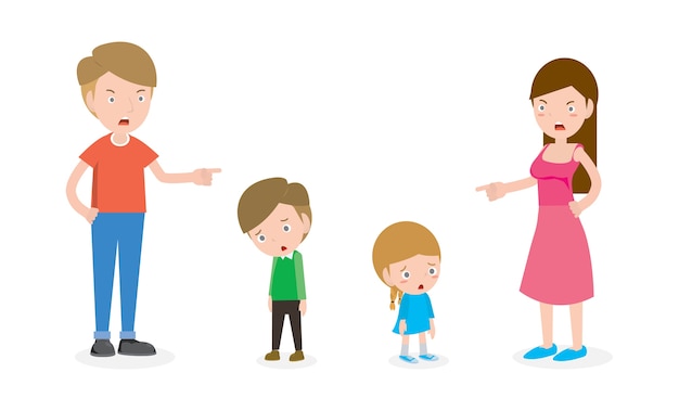 Illustration of father and mother scolding son and daughter isolated