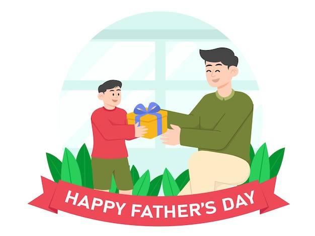 Vector illustration a father's day card with a man giving a gift to a boy