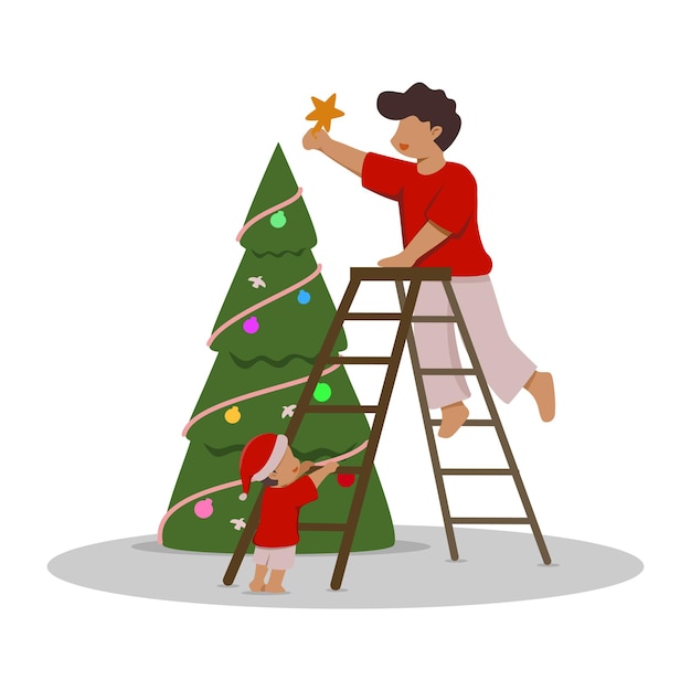 illustration father and son decorating the christmas tree together
