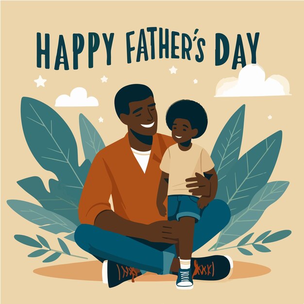 평평한 디자인 스타일의 Happy Fathers Day 문장과 함께 아버지와 아들의 일러스트레이션