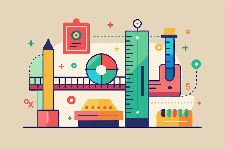 Vector the illustration features diverse metric tools arranged creatively emphasizing customization and data visualization customizable flat illustration with metrics