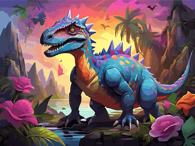 illustration featuring a dinosaur in a fantastical setting