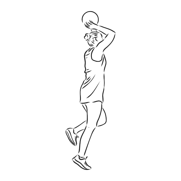 イラスト女性バスケットボール選手の黒と白のスケッチ白の背景
