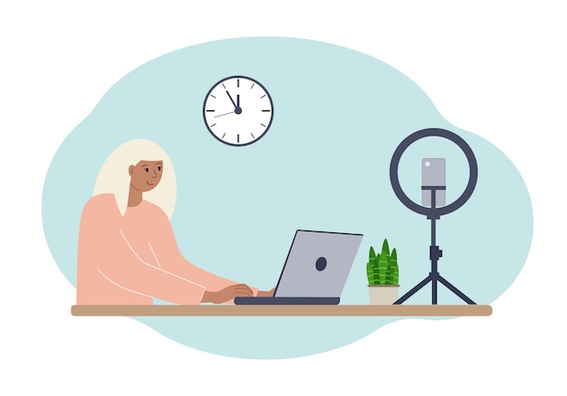 Vector illustration of a female blogger at the table with a laptop. online filming of a training course or blog