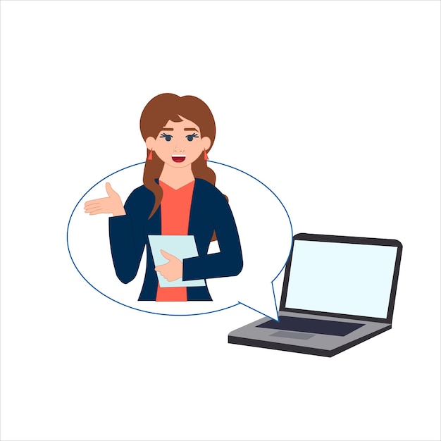 Illustration of a female business person communicating online from a laptop Video Call Concept