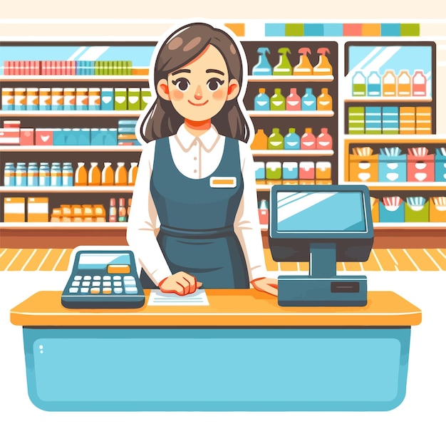 Vector illustration of female cashier manning a store in flat design style