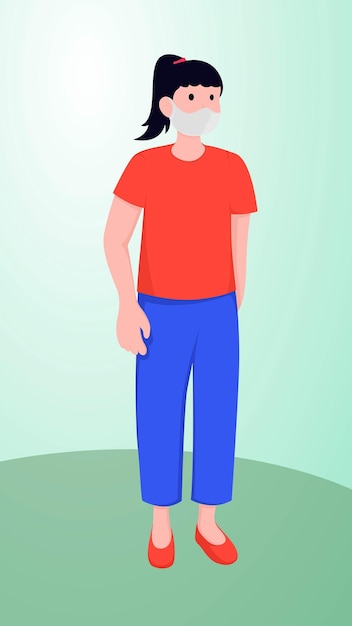Illustration of a female character wearing a mask with a red shirt and blue trousers