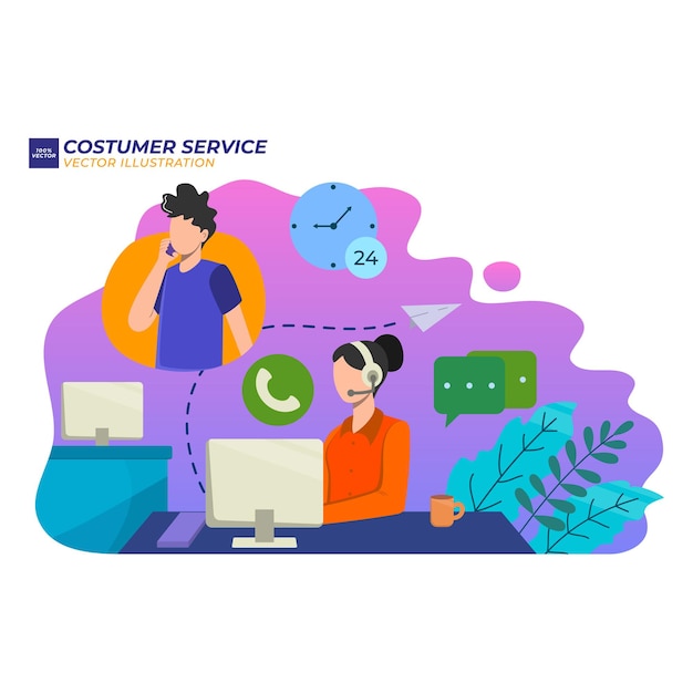 illustration female customer service. hotline operator advises client, online