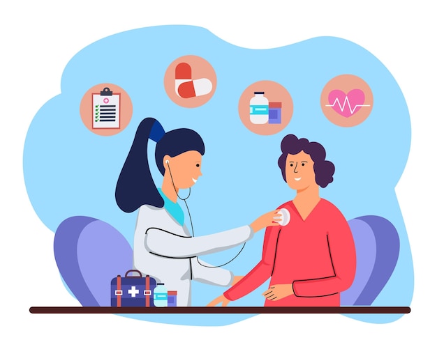 Illustration of a female doctor examining a patient in a clinic female patient checking her health