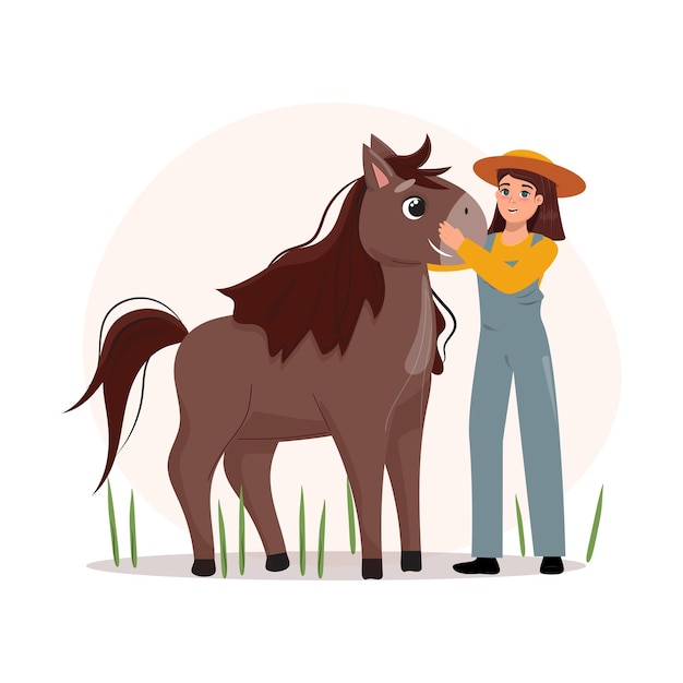 Vector illustration of a female farmer and a horse