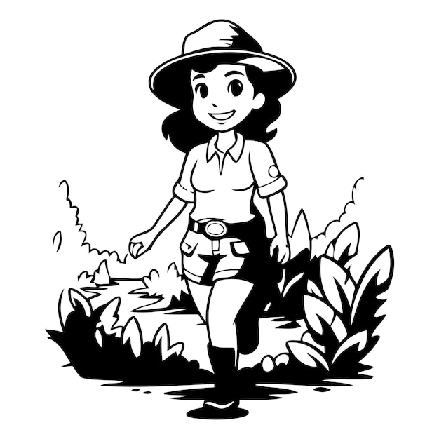Vettore illustrazione di una camminatrice che cammina nel bosco con un cappello