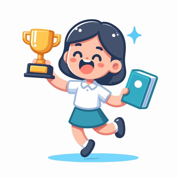 Vector illustration of female kids celebrating an award carrying a trophy vector cartoon style