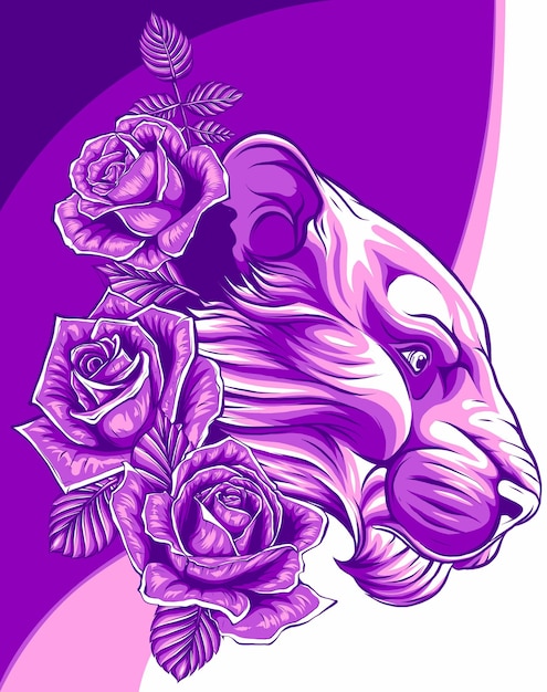 illustration of female lion head with roses