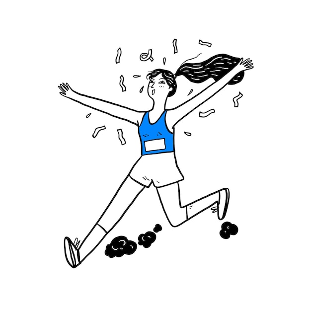 Vettore illustrazione di una maratoneta femminile che esulta mentre attraversa il traguardo stile doodle disegnato a mano con linea di illustrazione