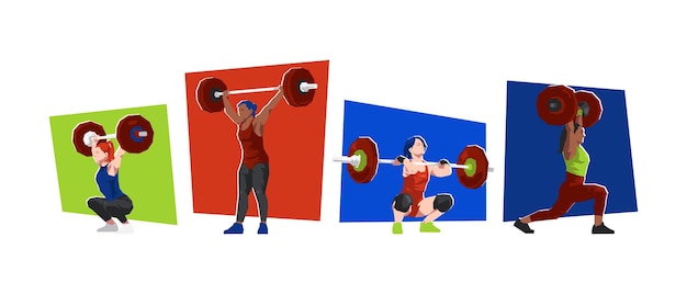 Illustration of female weightlifter characters Sport gym weightlifting Cartoon flat vector