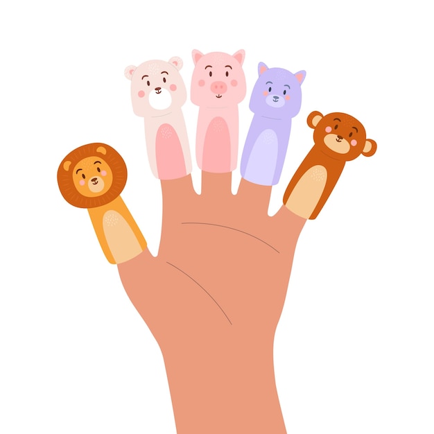 Vector an illustration of finger puppets in the form of animals such as lion, polar bear, pig, cat, monkey.