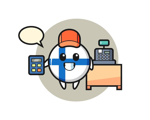 Illustration of finland flag badge character as a cashier