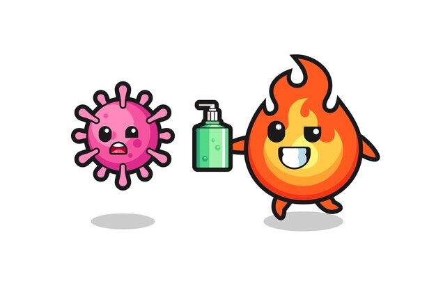 手指消毒剤で邪悪なウイルスを追いかける火のキャラクターのイラスト、Tシャツ、ステッカー、ロゴ要素のかわいいスタイルのデザイン