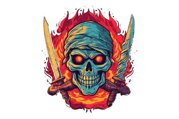 illustration of a fire skull holding a knife