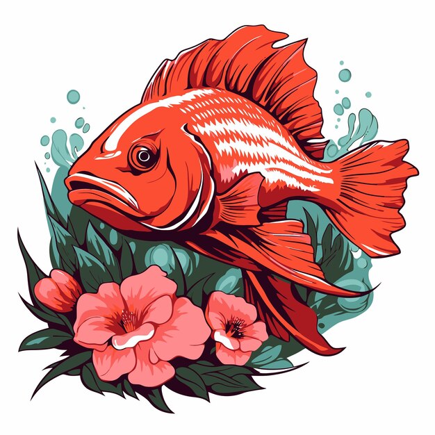 Vector illustration of fish and flowers