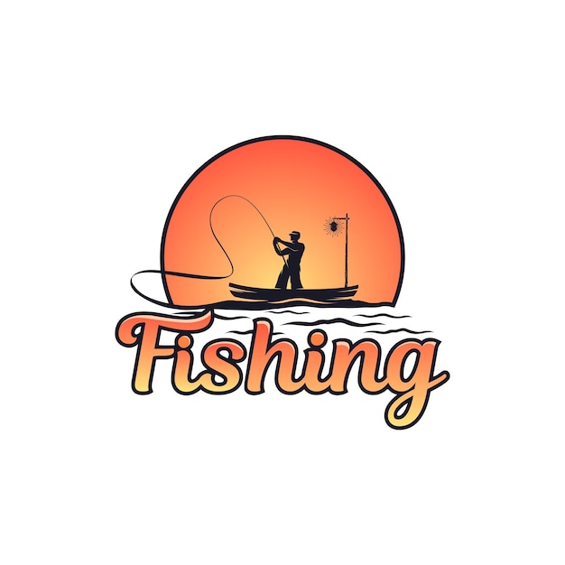 Illustration of fisherman at sea with sunset icon