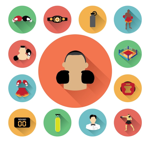 Illustration of flat boxing icons set on flat color background