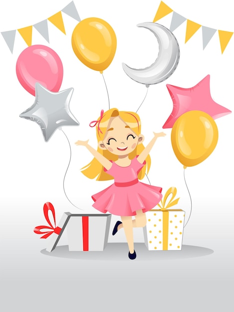 Illustration in flat cartoon style of white happy smiling girl wearing pink dress in her birthday with gifts