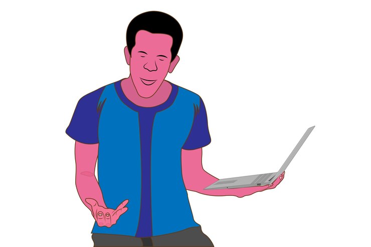Vector illustration of a flat character boy with laptop screaming white background