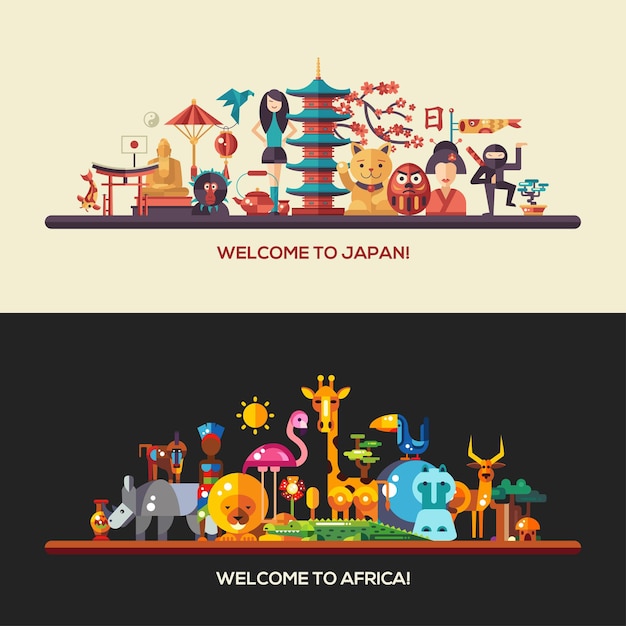 Vettore illustrazione delle bandiere di viaggio design piatto africa e giappone con icone