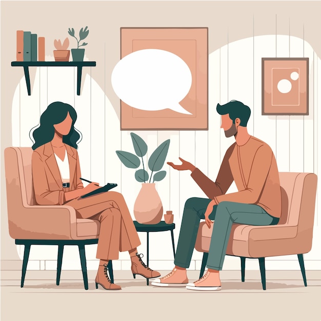 Vector illustration in flat design style depicting two people engaged in a conversation in a cozy room