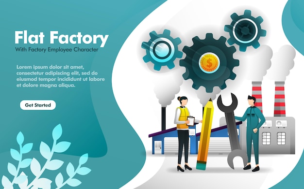 Vector illustration of flat factory with building and employee