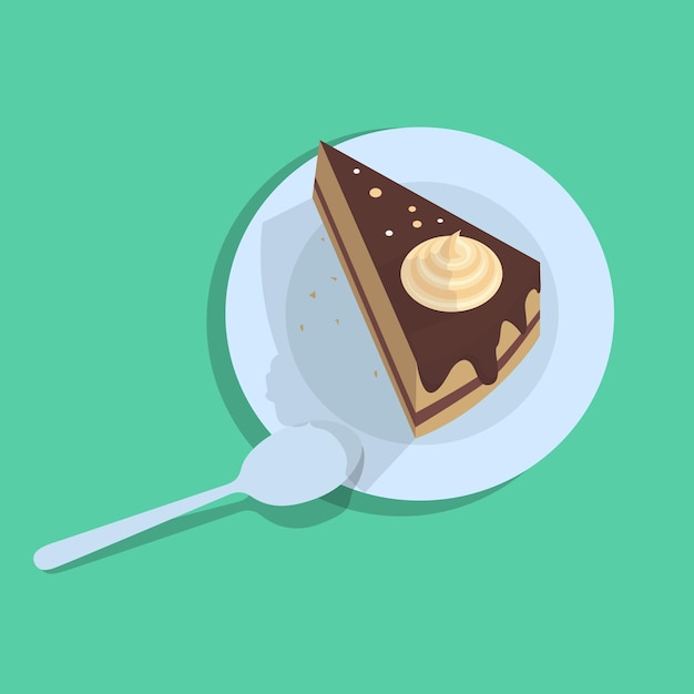 Illustration flat piece of cake with a spoon and shadow