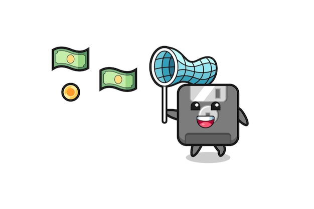 Illustration of the floppy disk catching flying money cute design