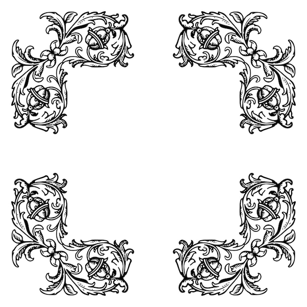 Illustration of floral frame design with black and white lines on white