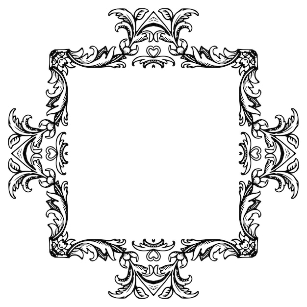 Vector illustration of floral frame design with black and white outline on white