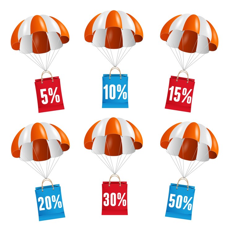 Vector illustration fly red and white parachute with paper bag sale card.