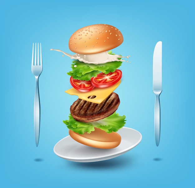 Illustrazione hamburger volante sul piatto con forchetta e coltello