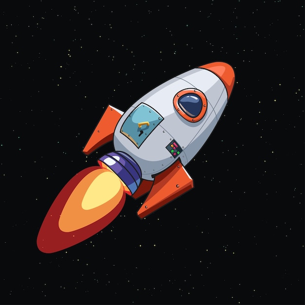 Vector illustration of flying cartoon style space rocket in space close view