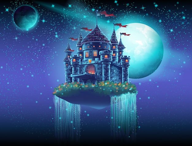 Illustrazione di un castello volante nello spazio su uno sfondo di stelle e pianeti