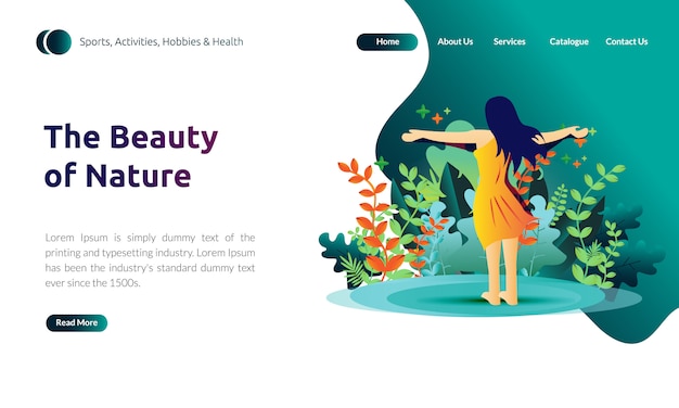 ベクトル ランディングページのテンプレートの図 - 女性は新鮮な空気と自然の美しさを感じる
