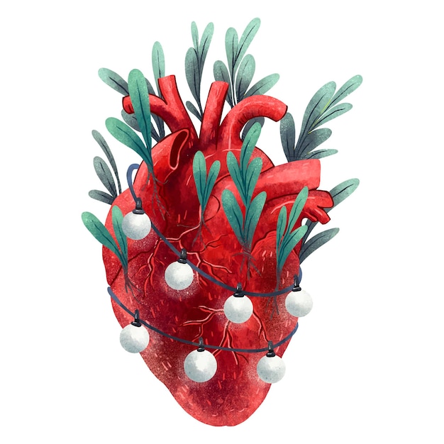 새해를 위한 삽화는 겨우살이 잎이 심장에 포장된 랜턴 화환으로 새싹을 틔우는 해부학적 심장을 인쇄합니다.