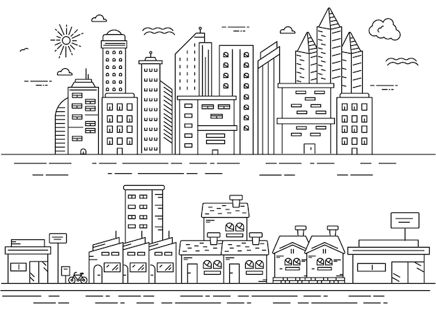 異なるスタイルの都市ラインスタイルの都市のイラスト